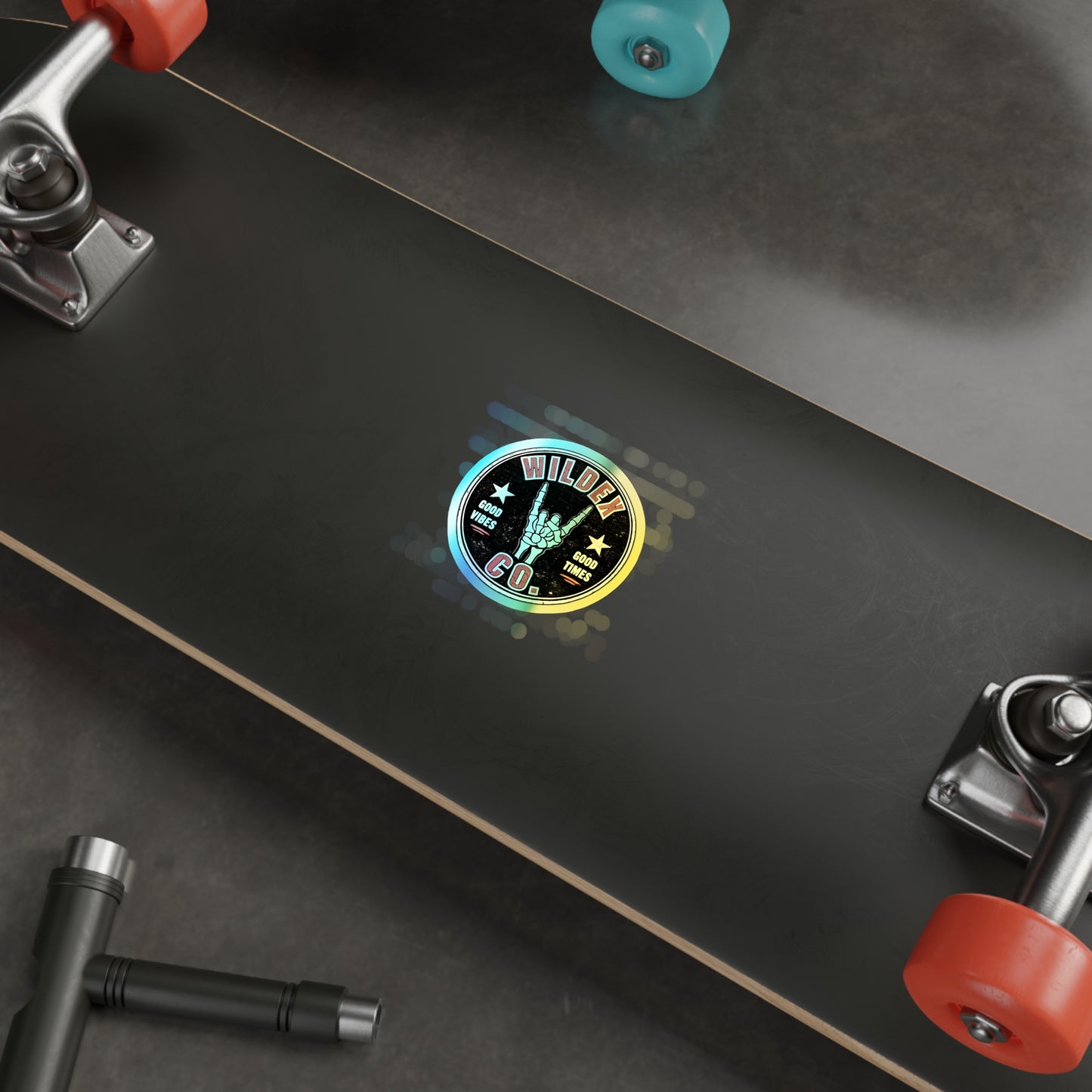Holographic Die-Cut Sticker — Wildex Co. 'Good Vibes, Good Times' Skeleton Hand