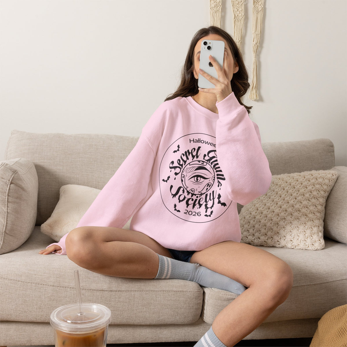 Close-up of bat silhouettes on Secret Haunt Society 2026 Crewneck Sweatshirt