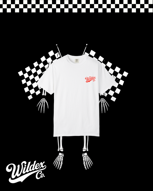 Front of the white Same Road. Different Era. WILDEX CO T-shirt with a small red WILDEX CO script logo on the left chest.