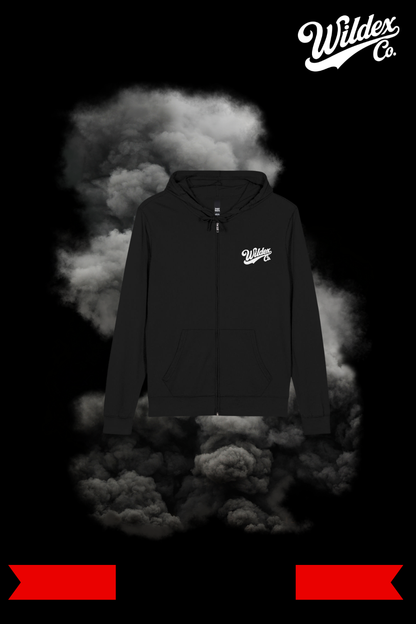 Front of the black Route 66 full-zip WILDEX CO hoodie with a small white left-chest script logo, zipper, drawstrings and front pockets.