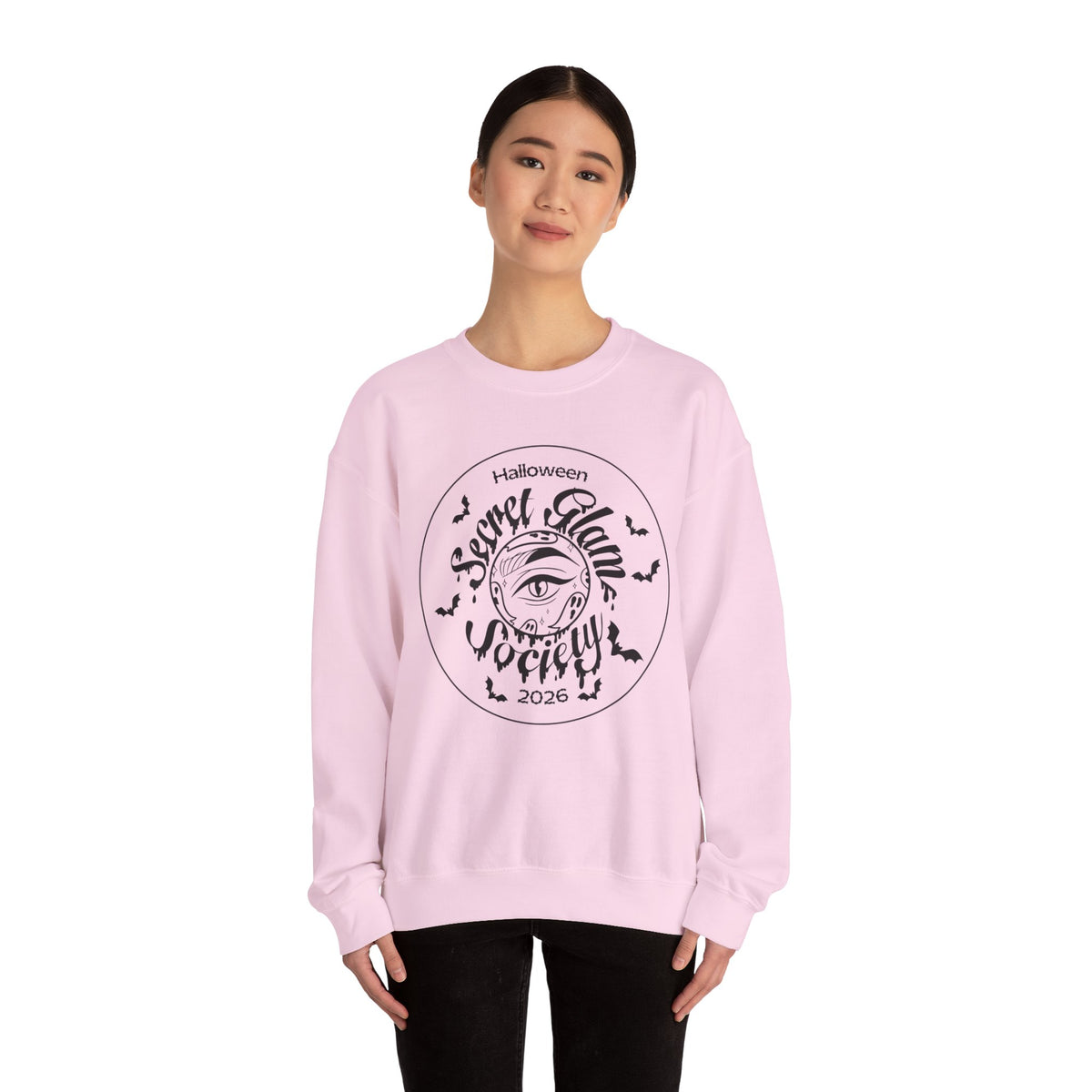 Model showcasing Secret Haunt Society 2026 Crewneck Sweatshirt in a casual setting