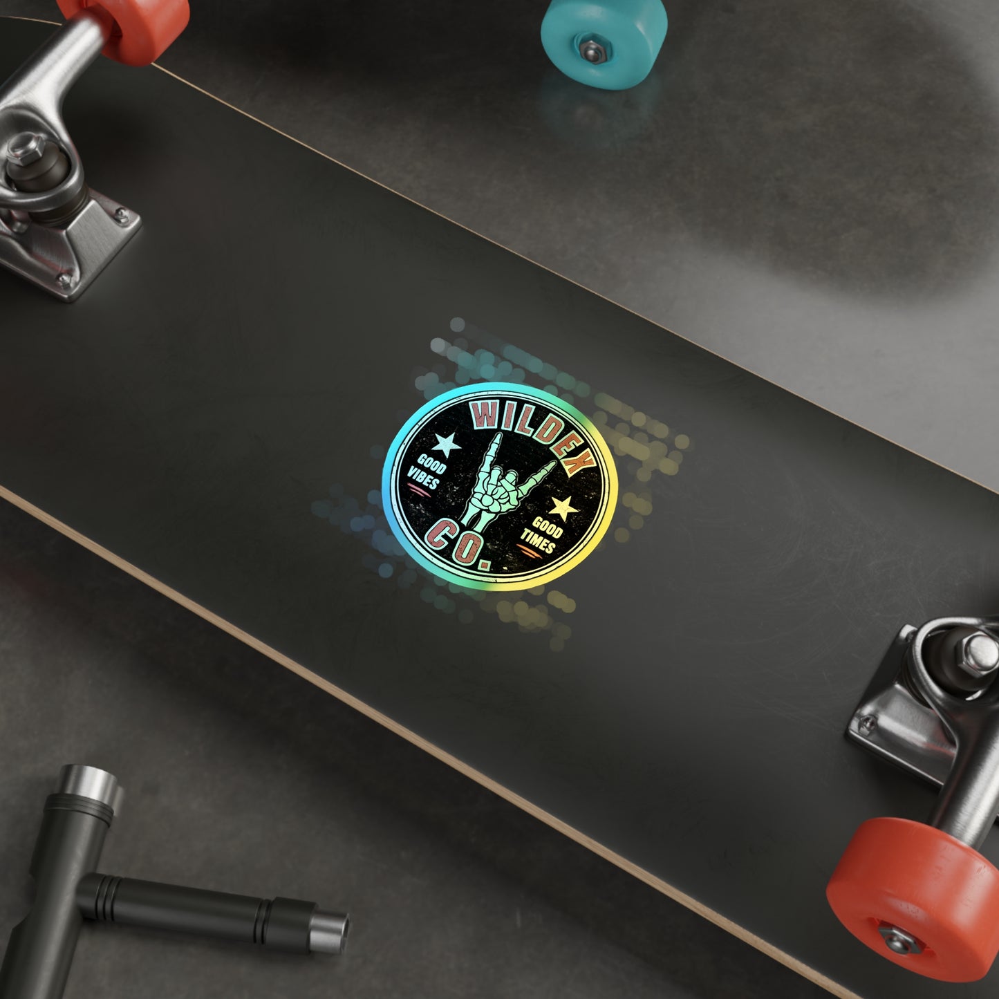Holographic Die-Cut Sticker — Wildex Co. 'Good Vibes, Good Times' Skeleton Hand