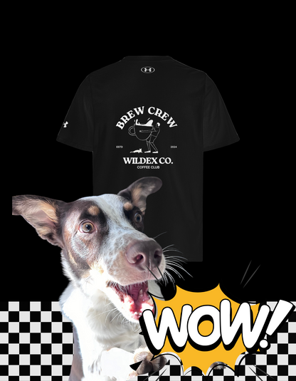 Brew Crew black performance t-shirt with excited dog and comic-style WOW graphic against checkered pattern background